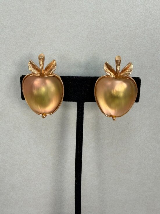 Apple Jewelry - Sarah Coventry Signed Lucite Cabochon Gold Toned Apple Clip On Earrings